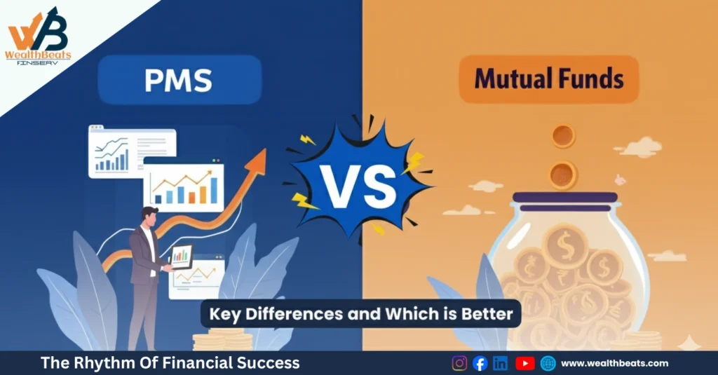 Graphic banner of PMS vs Mutual Fund with a businessman analyzing charts on the PMS side and coins dropping into a jar for mutual funds.