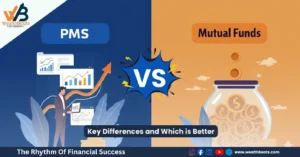 Graphic banner of PMS vs Mutual Fund with a businessman analyzing charts on the PMS side and coins dropping into a jar for mutual funds.